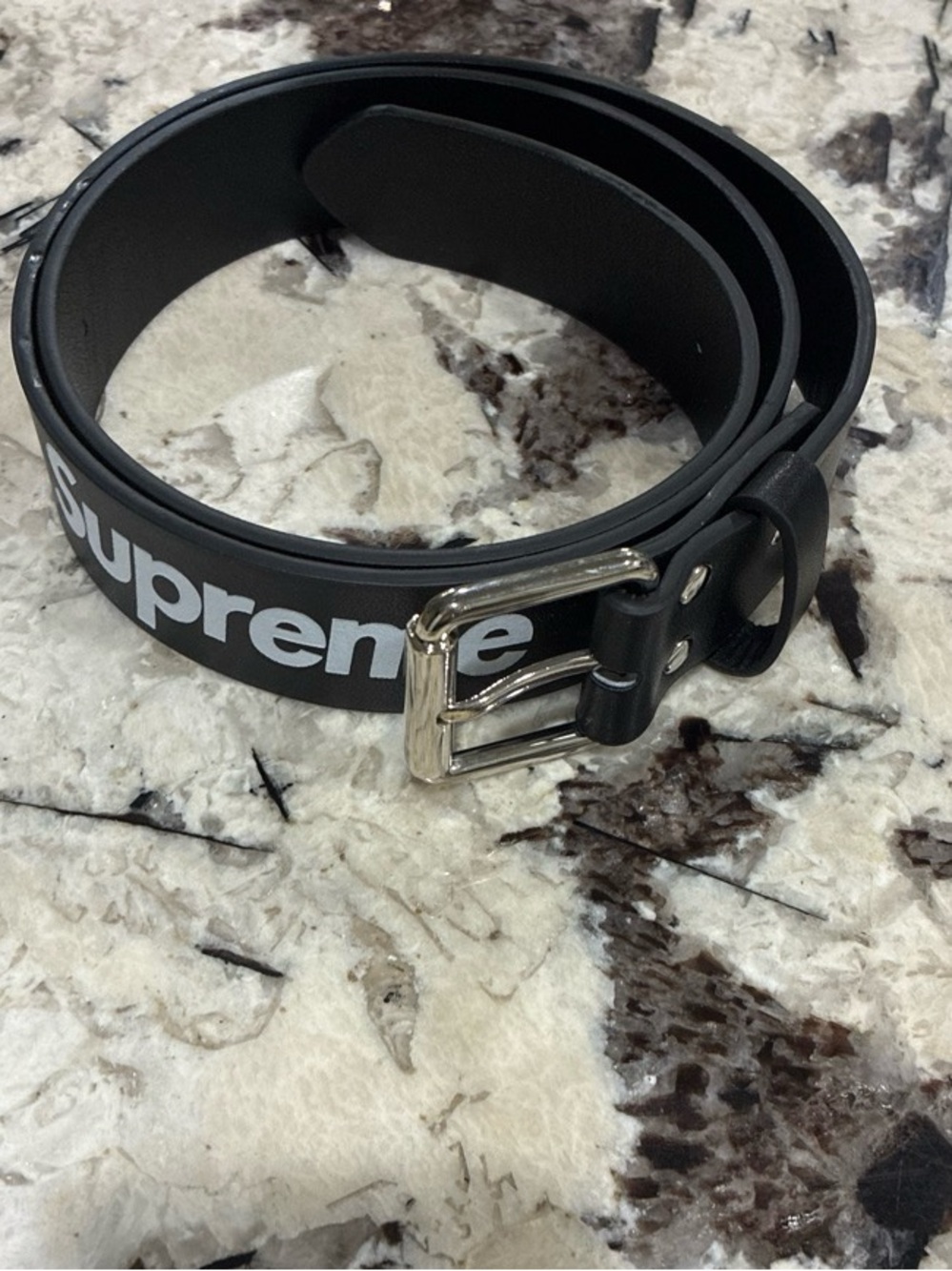 Supreme Black Belt with White Logo and Silver Buckle